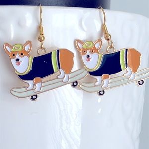 New Puppy Dog Skateboard Dangling Enamel Charm Earrings Nike Hat Unique Gifts